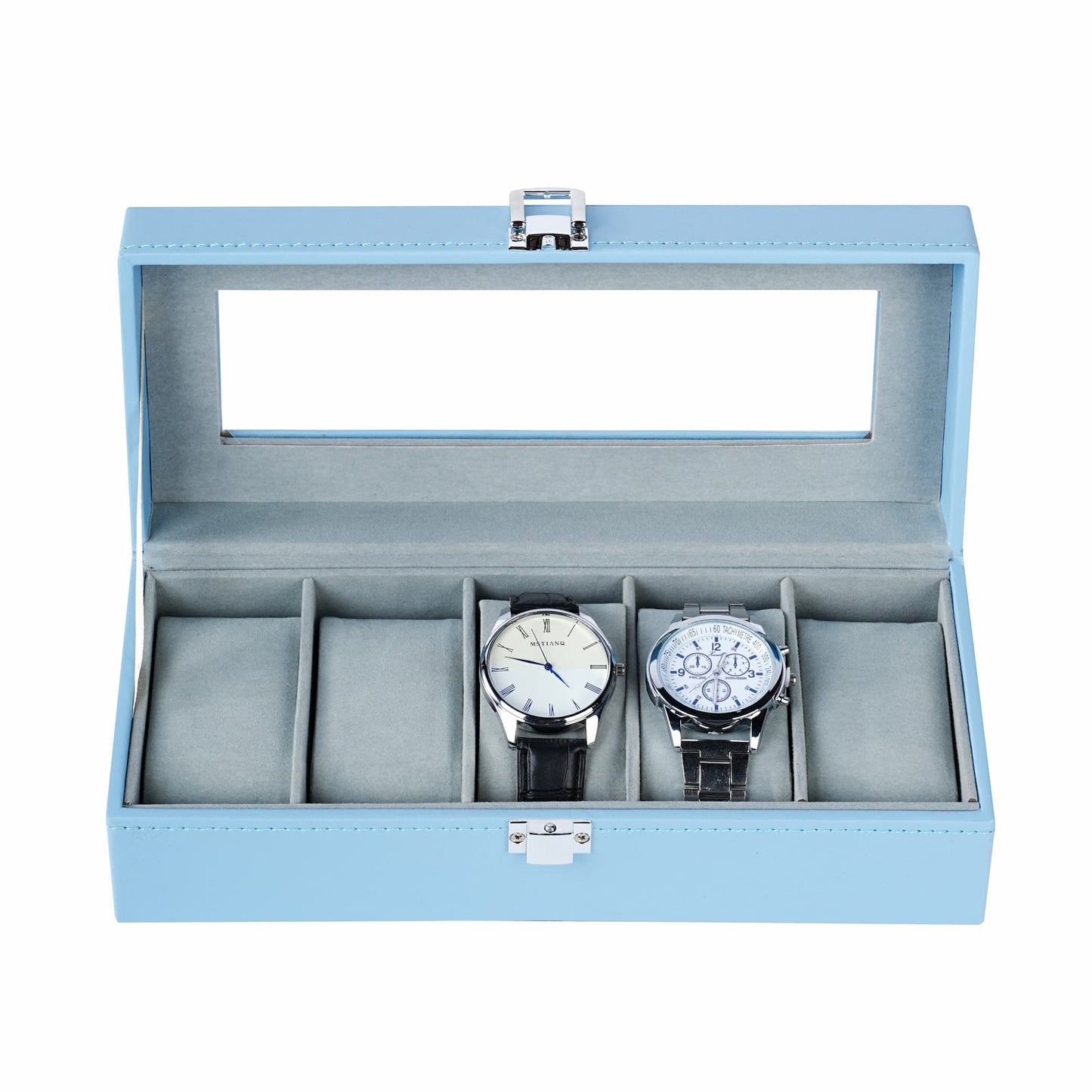 New Arrival 5 Slots Watch Organizer Case Blue PU Leather Watch Display Box with Real Glass Lid