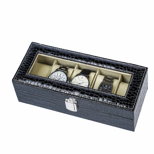 Hot Selling 5 Slots Watch Organizer Box Factory Direct Supply Black Crocodile Grained PU Leather Watch Case
