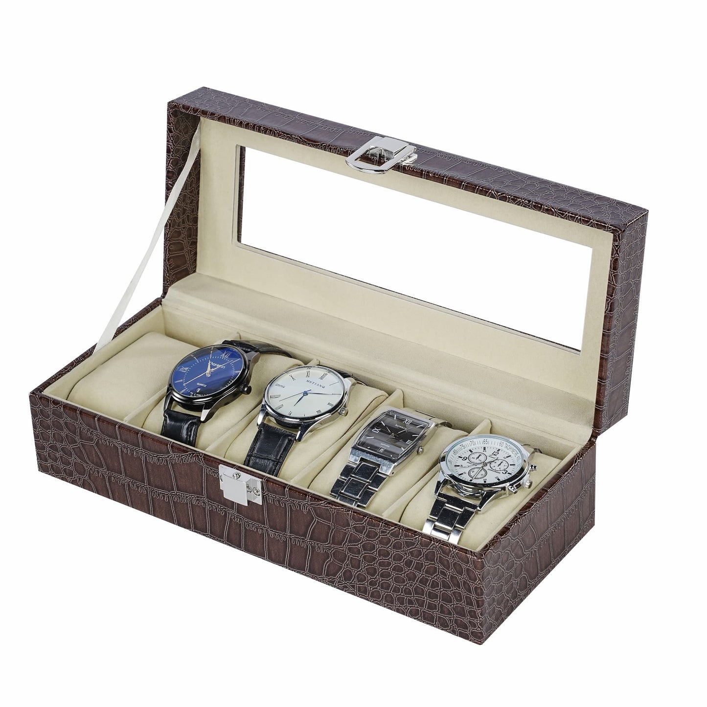 5 slots brown watch storage case crocodile grained pu leather watch box with real glass lid