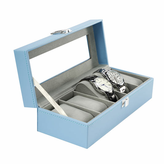 New Arrival 5 Slots Watch Organizer Case Blue PU Leather Watch Display Box with Real Glass Lid
