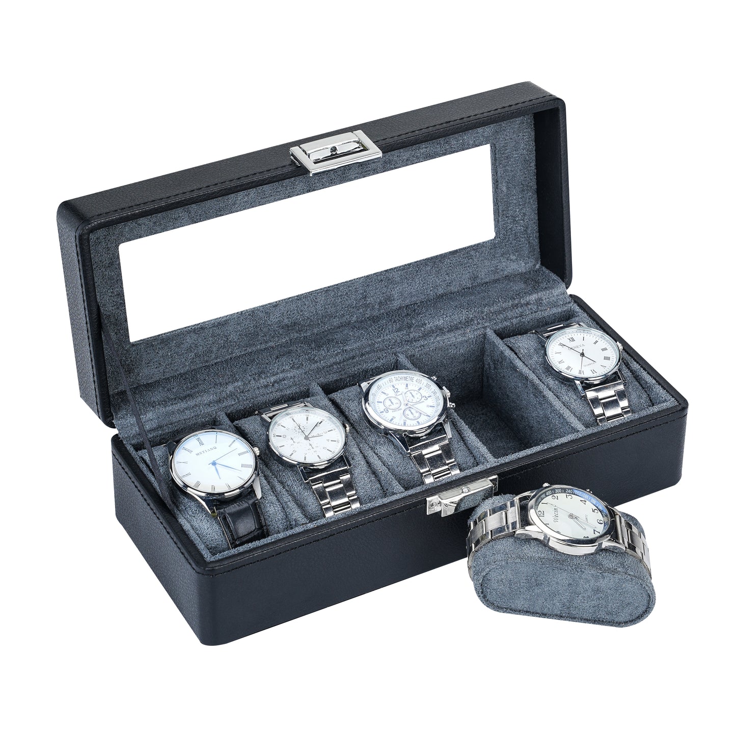 5-Slots Elegant Black Litchi Pattern Watch Gift Box