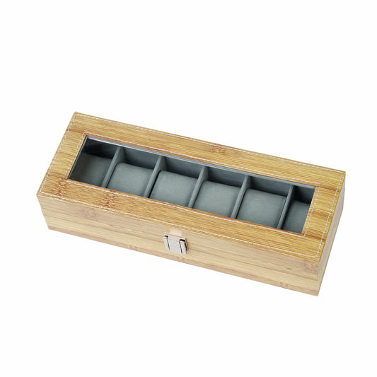 Real glass lid 6 slots bamboo grain watch organizer case luxury watch storage box