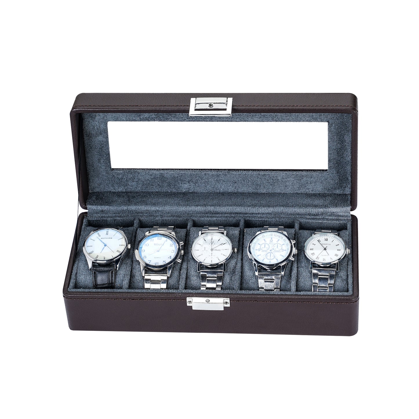 5-Solts Premium Pebbled Leather Watch Box in Deep Brown