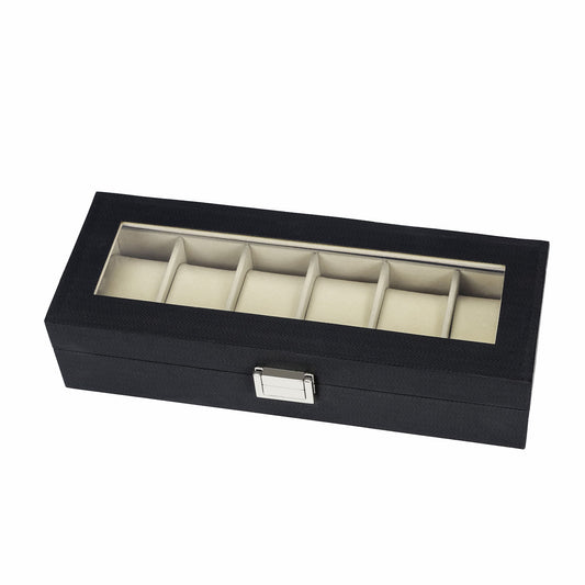Watch Box Manufacturer 6 Slots Watch Organizer Black Herringbone Leather Watch Case With Real Glass Lid
