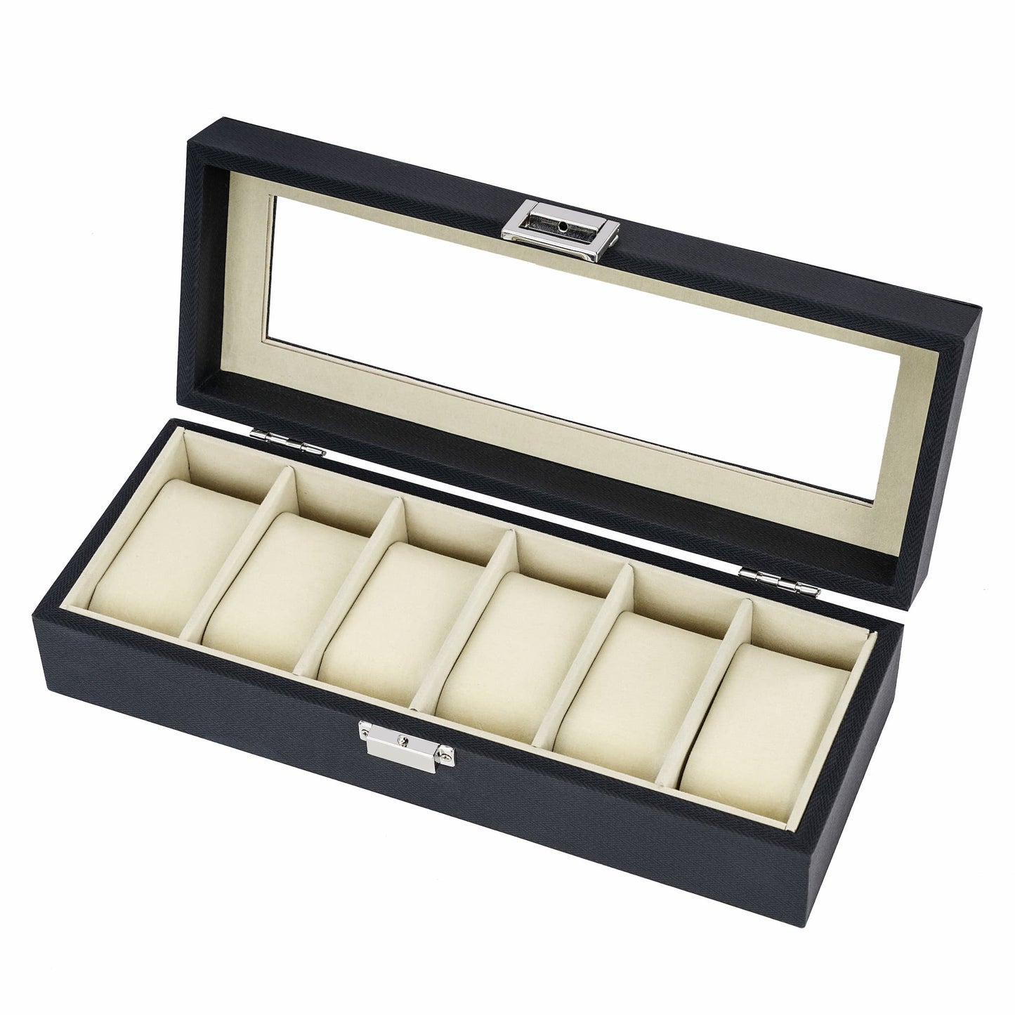 Watch Box Manufacturer 6 Slots Watch Organizer Black Herringbone Leather Watch Case With Real Glass Lid