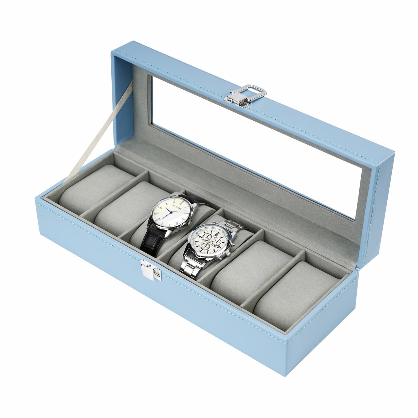 6-slot Watch storage case blue faux leather watch display box with velvet lining for home decoration