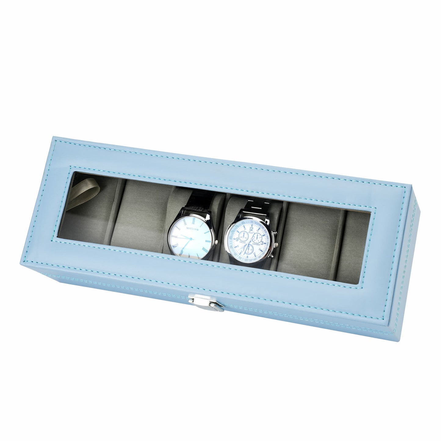 6-slot Watch storage case blue faux leather watch display box with velvet lining for home decoration