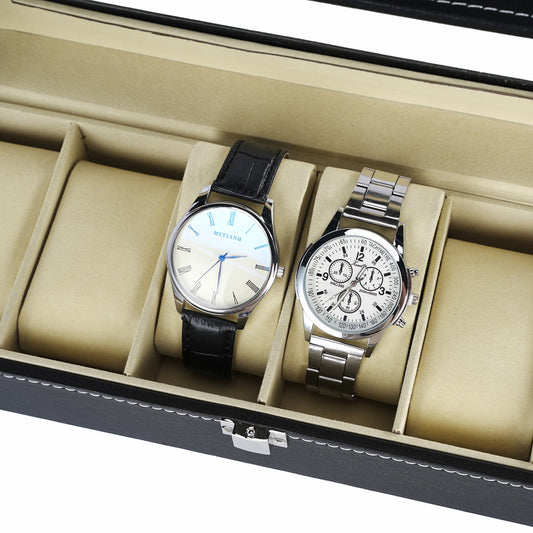 6-slot PU leather watch storage box, watch organizer case with large clear glass lid