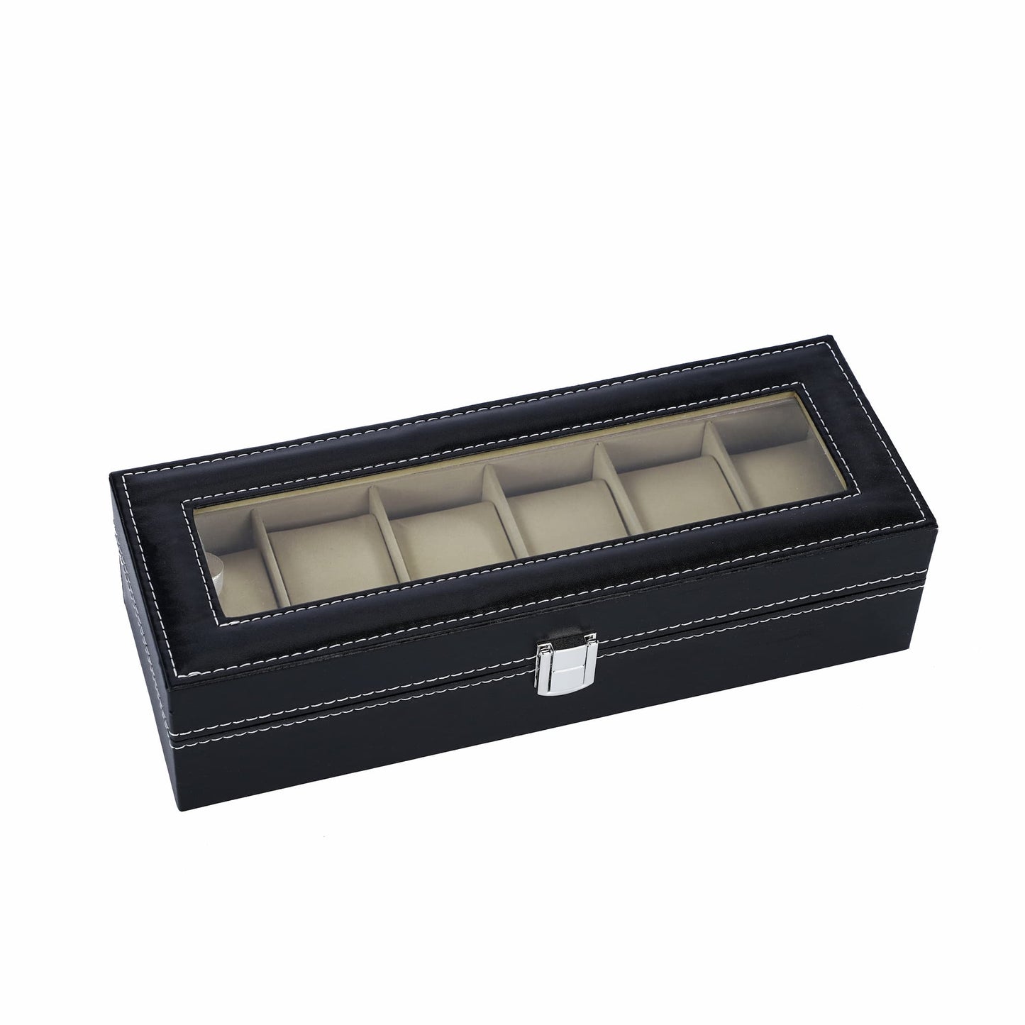 6-slot PU leather watch storage box, watch organizer case with large clear glass lid