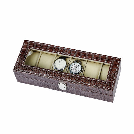 6 slots watch storage case brown pu leather watch box with real glass lid