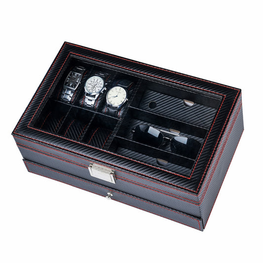 6+3 slots Carbon Fiber Double Layer Jewelry Storage Box Watch Display Case