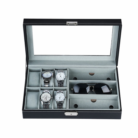 6+3 slots Black PU Leather Watch Box Sunglasses Storage Case With Soft Velvet Lining