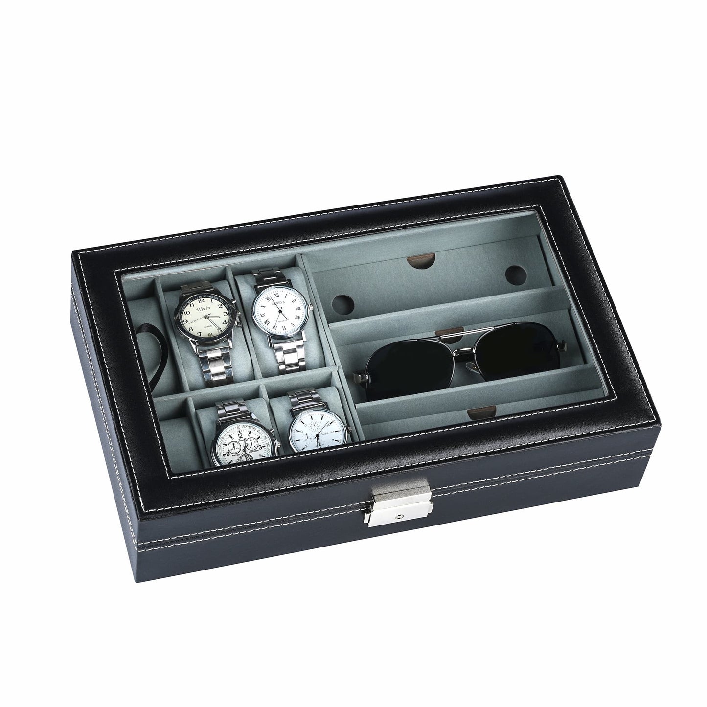 6+3 slots Black PU Leather Watch Box Sunglasses Storage Case With Soft Velvet Lining