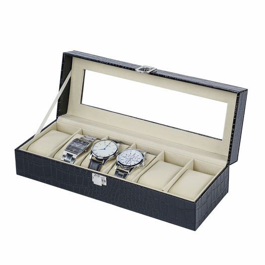 6 Slots Watch Storage Case Black Crocodile Grained PU Leather Watch Organizer Box With Real Glass Lid