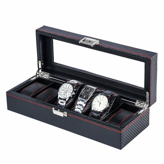 6 Slots High Quality Black Carbon Fiber Leather Wrist Watch Organizer Display Storage Box With Red Sewing