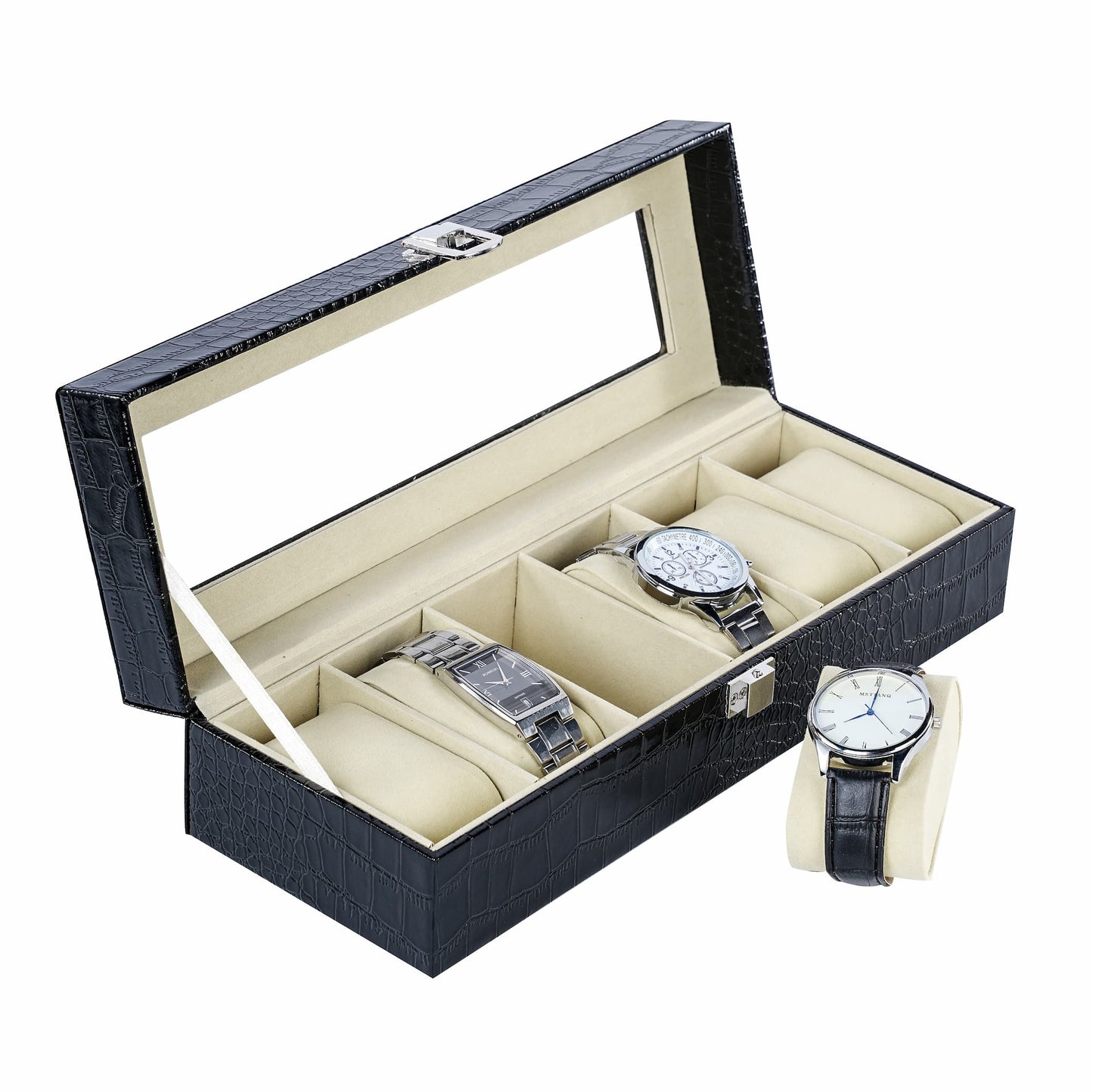 6 Slots Watch Storage Case Black Crocodile Grained PU Leather Watch Organizer Box With Real Glass Lid