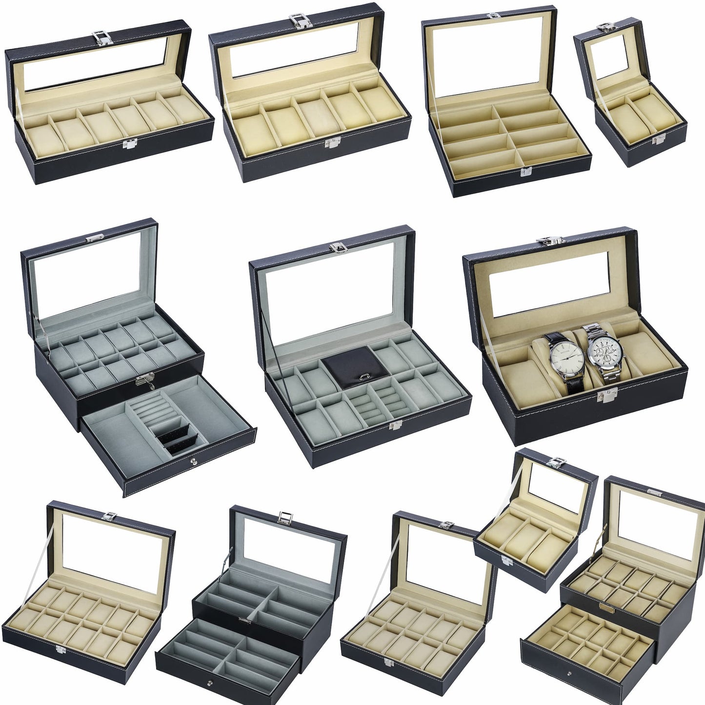 Faux leather 2 slots watch storage organizer box with real glass lid for men and women