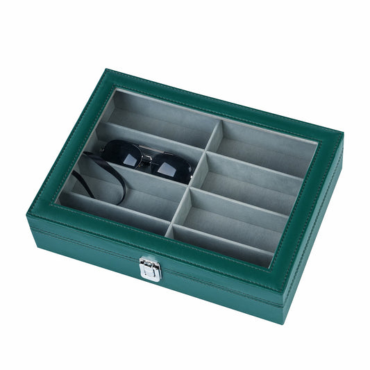 Green PU leather sunglasses box 8 slots sunglasses case with real glass lid for women or men