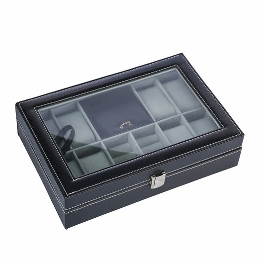 New arrival watch box jewerly case with real glass lid, 8 slots for watches and 2 slots for jewelries