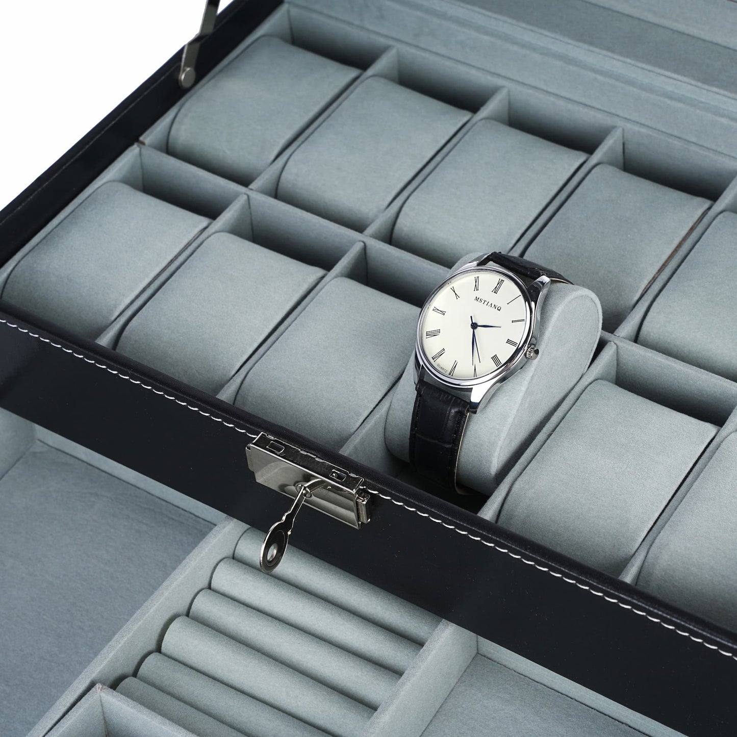 New arrival watch box jewerly case with real glass lid, 8 slots for watches and 2 slots for jewelries