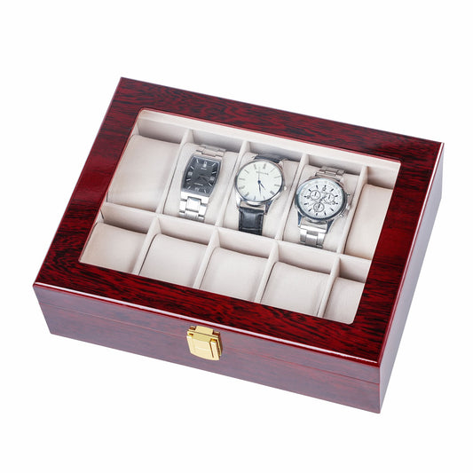 10 Slots High-end Wooden Watch Box With Glass Window Spray Paint Red Watch Display Case