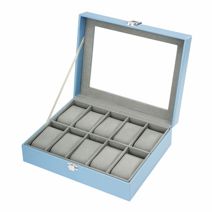 10 Slots Watch Box Blue Faux Leather Watch Display Case with Glass Lid