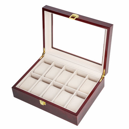 10 Slots High-end Wooden Watch Box With Glass Window Spray Paint Red Watch Display Case