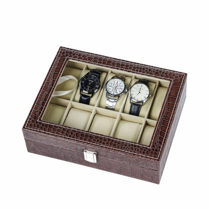 10 slots watch storage case brown crocodile grained pu leather watch box factory with real glass lid