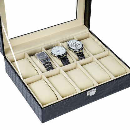 Watch Organizer Case 10 Slots Black Crocodile Grained PU Leather Watch Box With Factory Supply Price