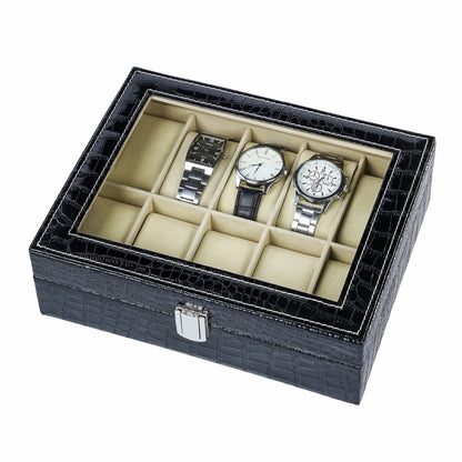 Watch Organizer Case 10 Slots Black Crocodile Grained PU Leather Watch Box With Factory Supply Price