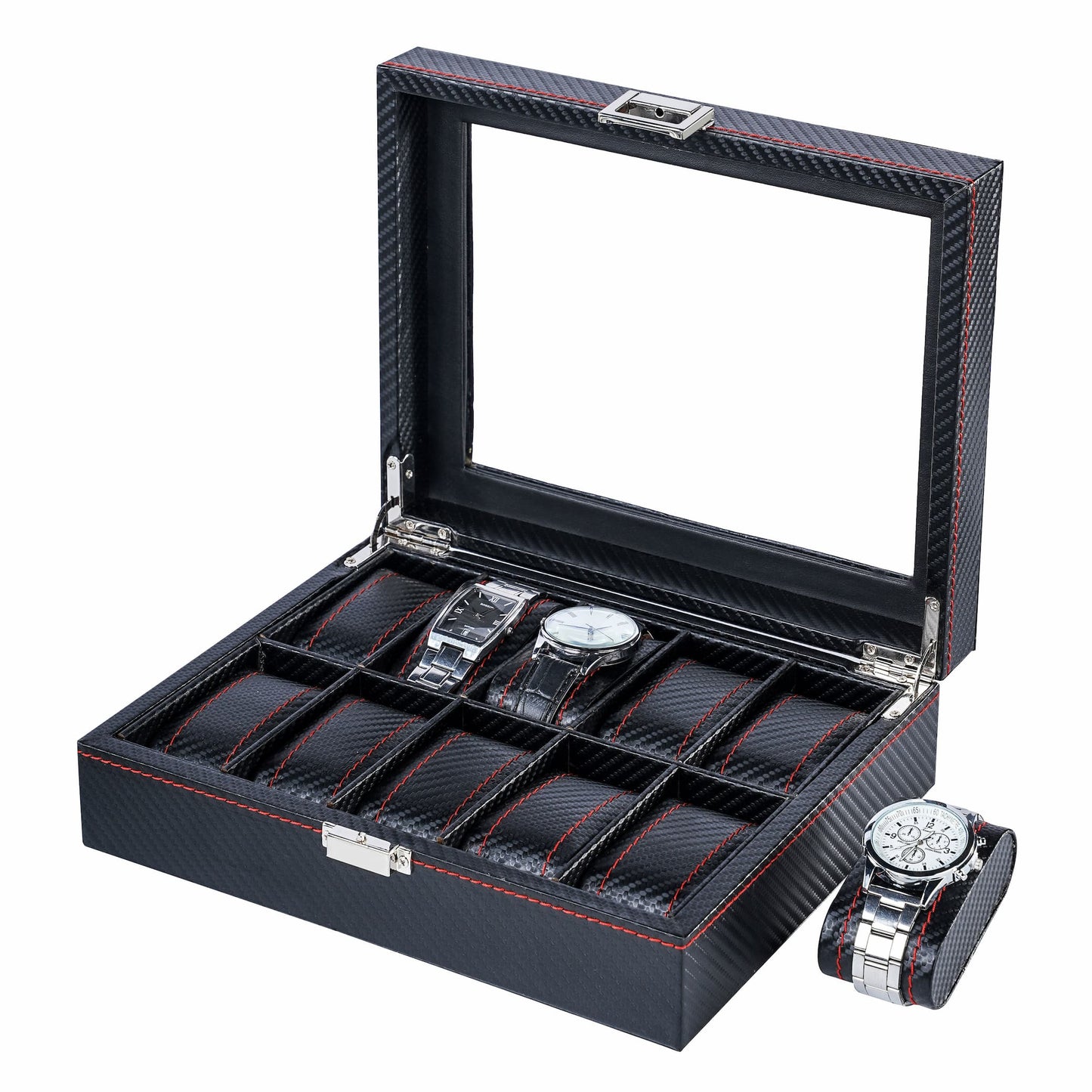 10 Slots Black Carbon Fiber Leather Watch Organizer Box Luxury Watch Storage Case With Real Glass Lid