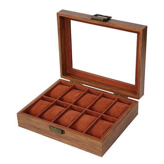 10 Slots Brown Fancy Paper Watch Organizer Case Factory Direct Supply Watch Box With Real Glass Lid