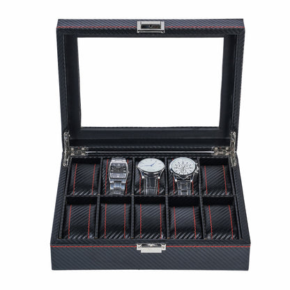 10 Slots Black Carbon Fiber Leather Watch Organizer Box Luxury Watch Storage Case With Real Glass Lid