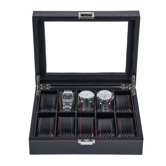 10 Slots Black Carbon Fiber Leather Watch Organizer Box Luxury Watch Storage Case With Real Glass Lid