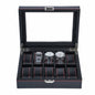 10 Slots Black Carbon Fiber Leather Watch Organizer Box Luxury Watch Storage Case With Real Glass Lid