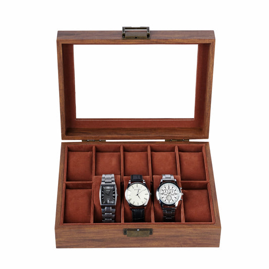 10 Slots Brown Fancy Paper Watch Organizer Case Factory Direct Supply Watch Box With Real Glass Lid