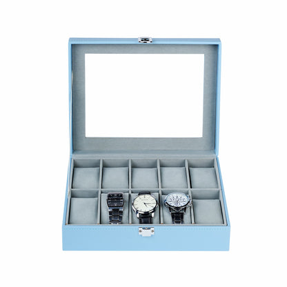 10 Slots Watch Box Blue Faux Leather Watch Display Case with Glass Lid
