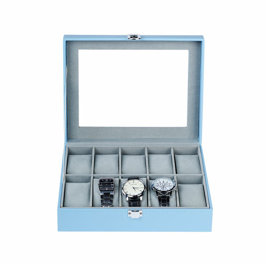 10 Slots Watch Box Blue Faux Leather Watch Display Case with Glass Lid