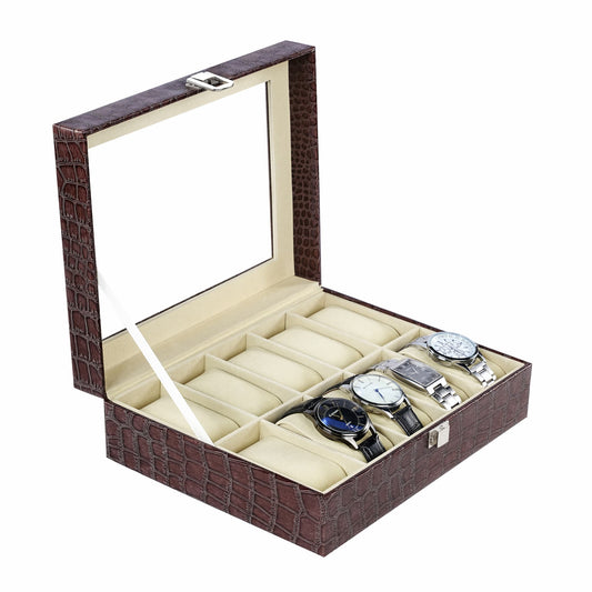 10 slots watch storage case brown crocodile grained pu leather watch box factory with real glass lid