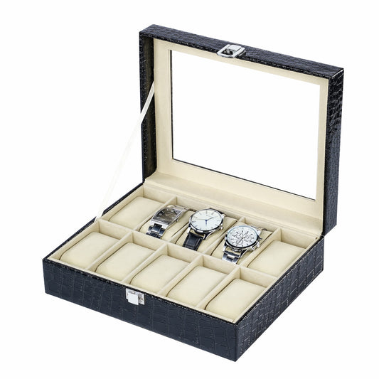 Watch Organizer Case 10 Slots Black Crocodile Grained PU Leather Watch Box With Factory Supply Price