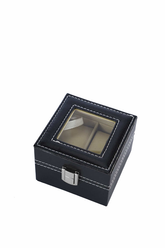Faux leather 2 slots watch storage organizer box with real glass lid for men and women
