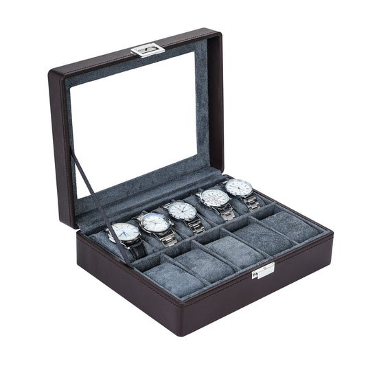 10-Solts Luxury Coffee Brown Watch Box with Pebble Surface Finish
