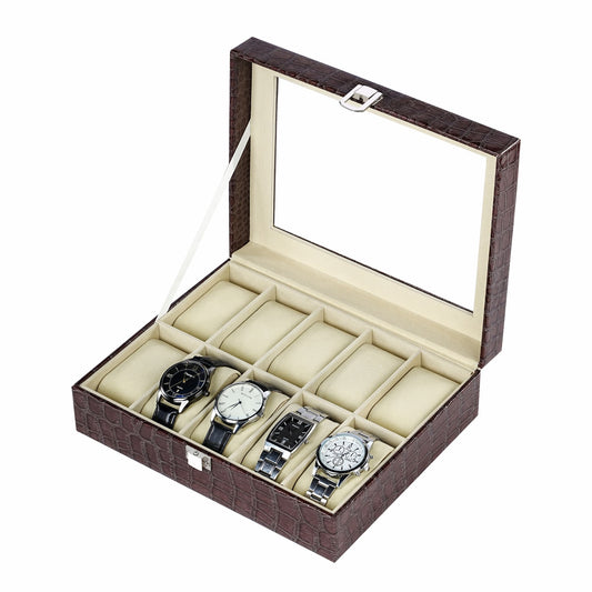 10 slots watch storage case brown crocodile grained pu leather watch box factory with real glass lid