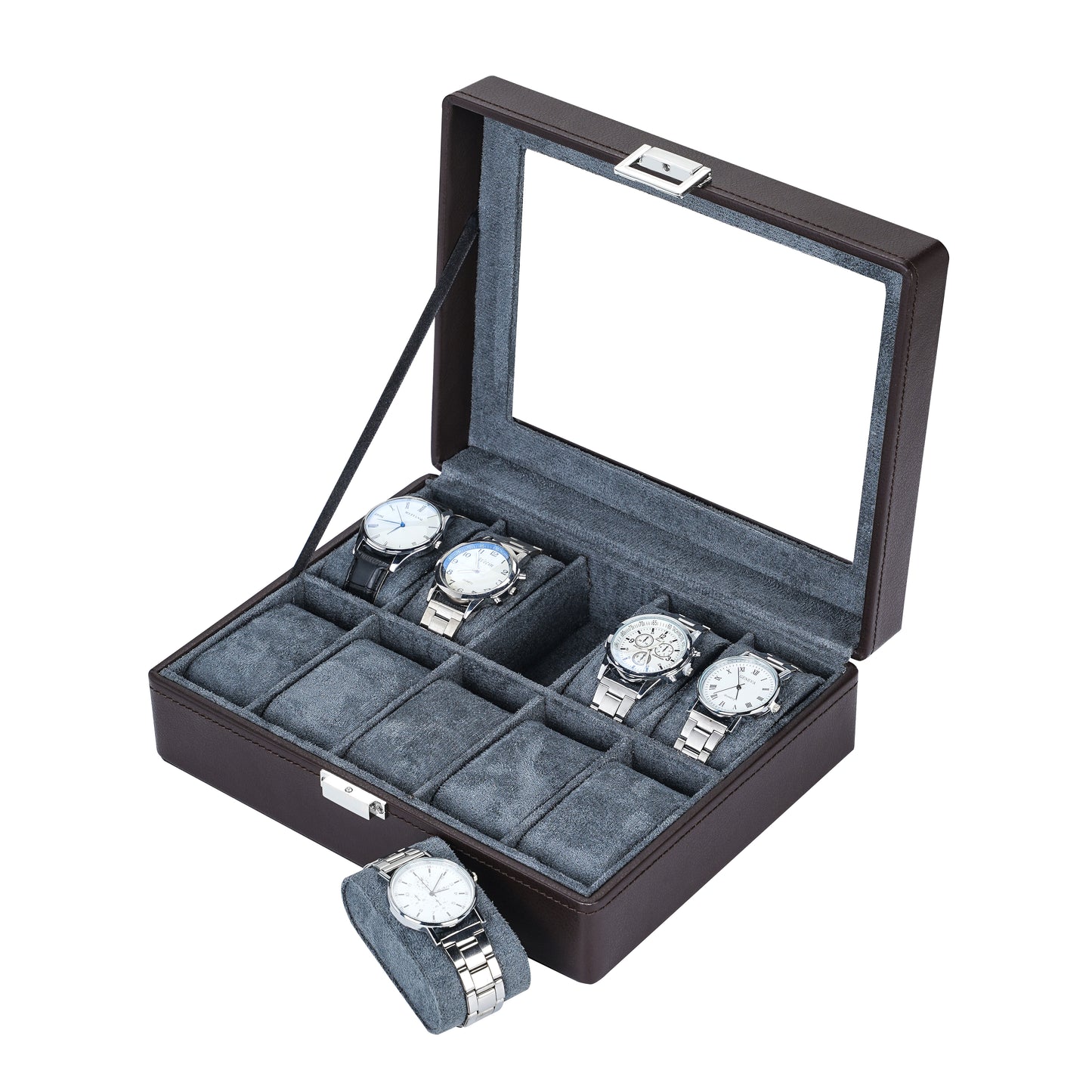 10-Solts Luxury Coffee Brown Watch Box with Pebble Surface Finish