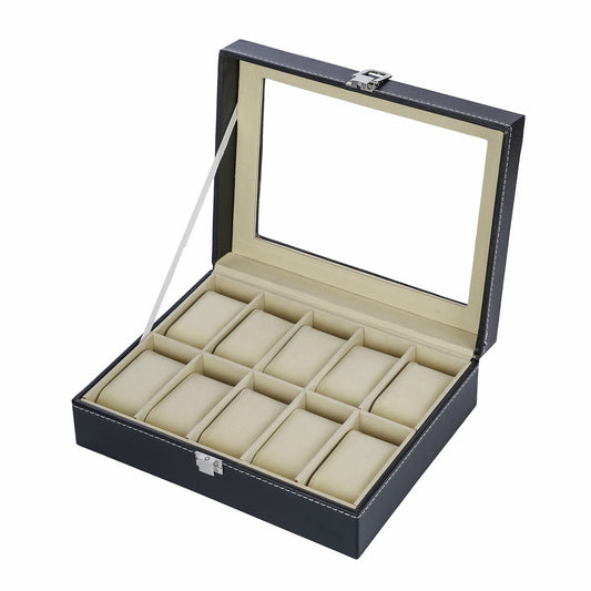 Factory supplied faux leather 10 slots watch storage organizer box with real glass lid for men and women