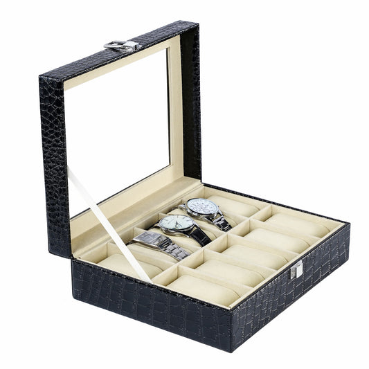 Watch Organizer Case 10 Slots Black Crocodile Grained PU Leather Watch Box With Factory Supply Price