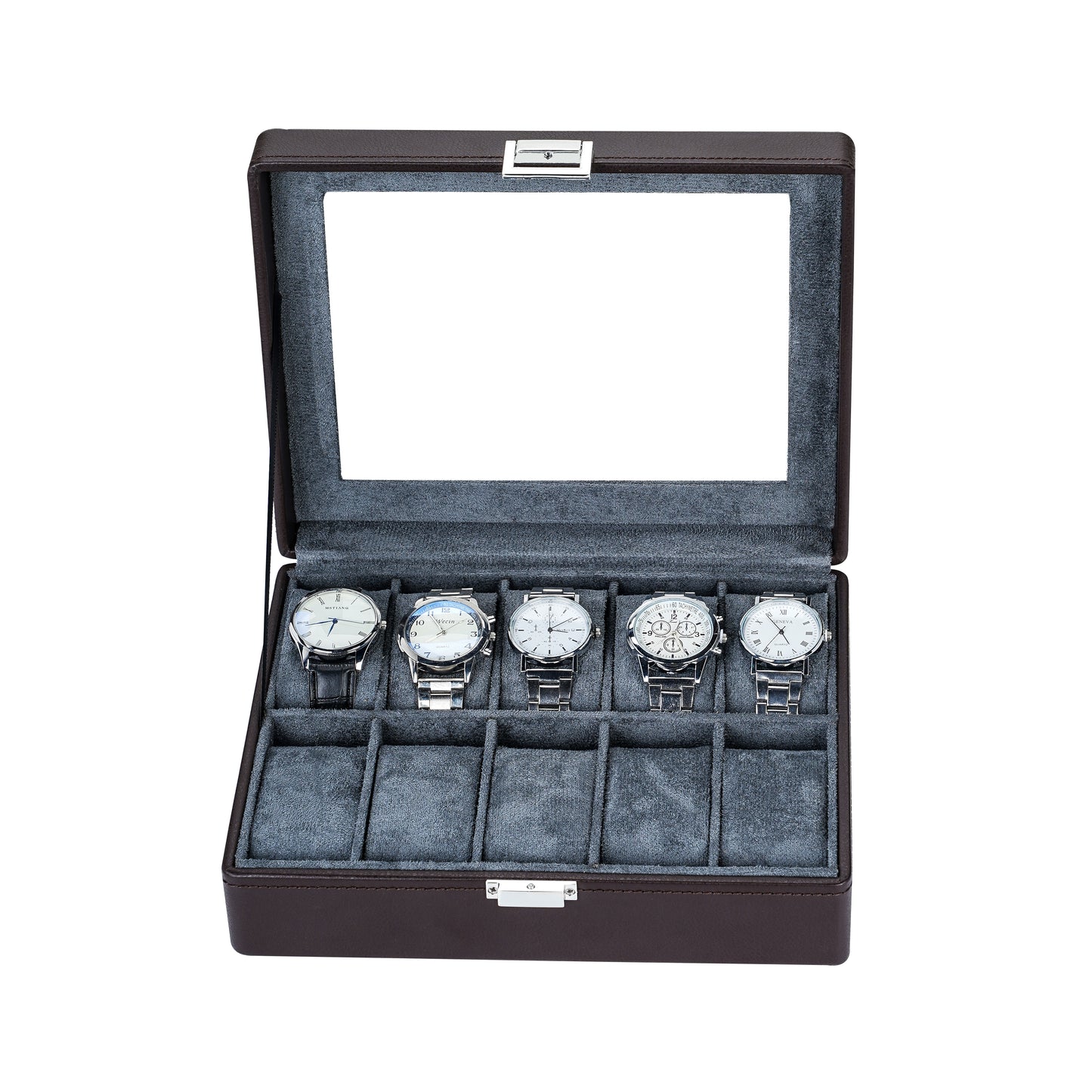 10-Solts Luxury Coffee Brown Watch Box with Pebble Surface Finish