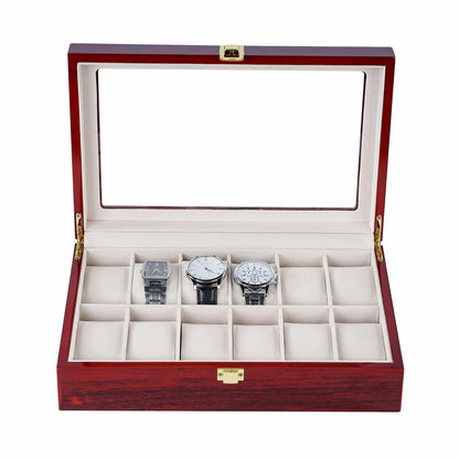 High-end Wooden Watch Box 12 Slots with Real Glass Window Spray Paint Red Watch Display Box