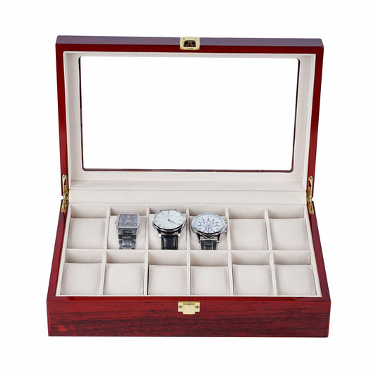 High-end Wooden Watch Box 12 Slots with Real Glass Window Spray Paint Red Watch Display Box