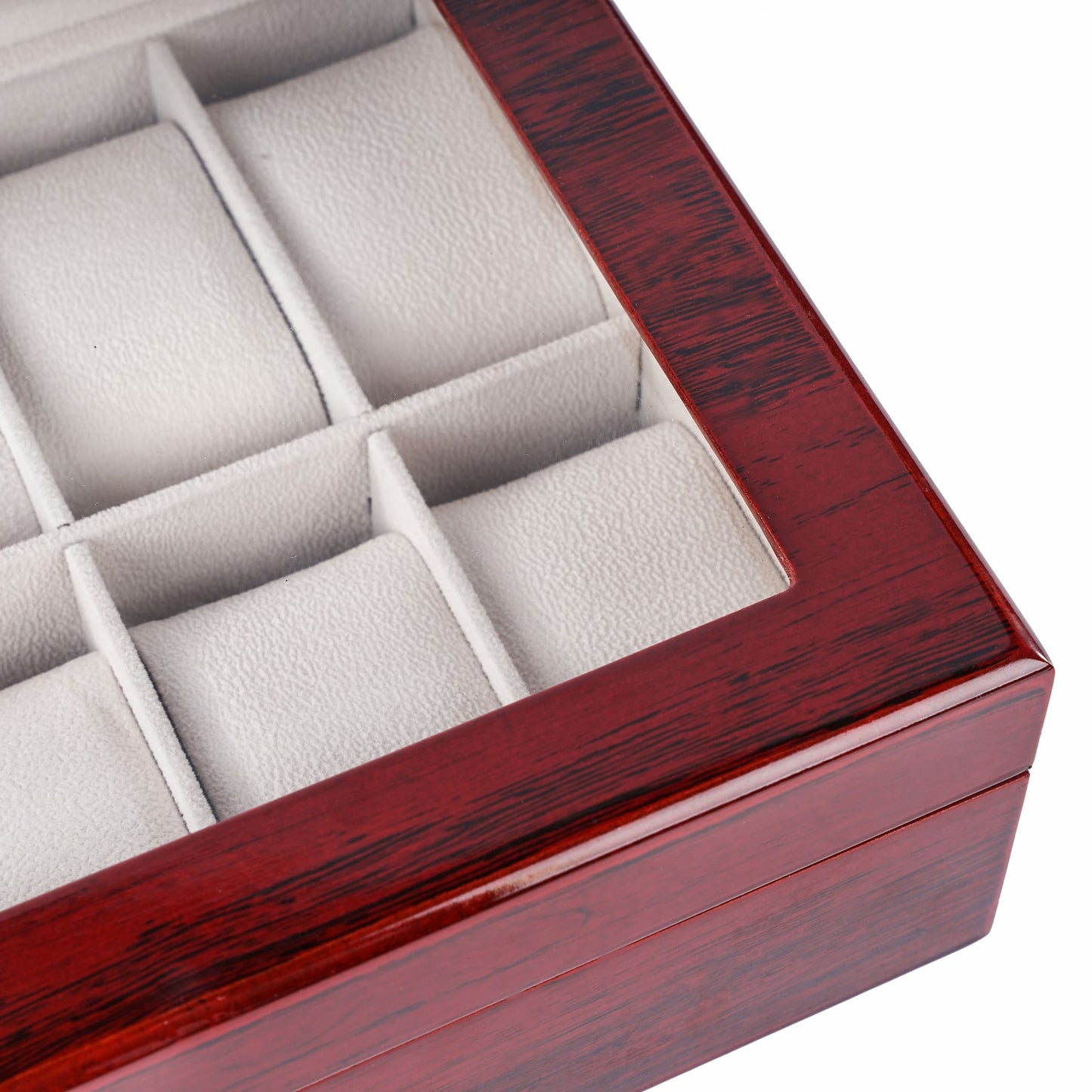 High-end Wooden Watch Box 12 Slots with Real Glass Window Spray Paint Red Watch Display Box